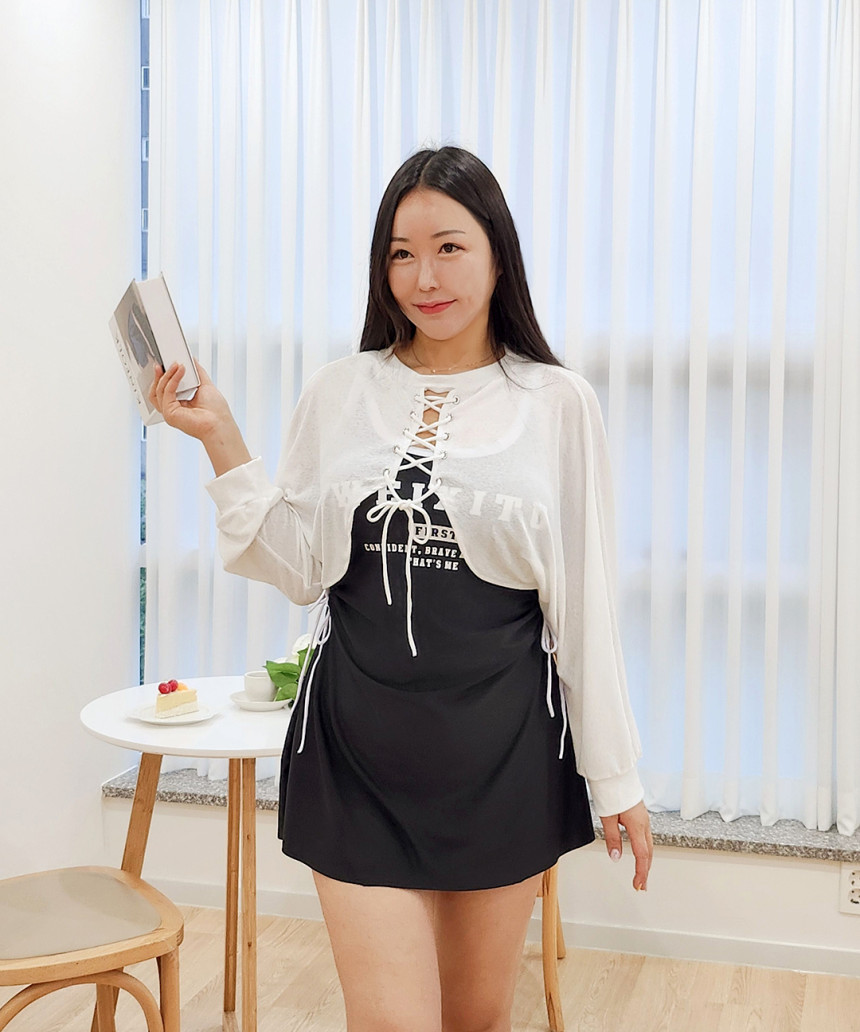 [XL-5XL/빅사이즈] 볼레로 3피스 세트 원피스 수영복 체형커버 긴팔 시스루 아일렛 래쉬가드 + 커버업 + 반바지 상세 이미지 11