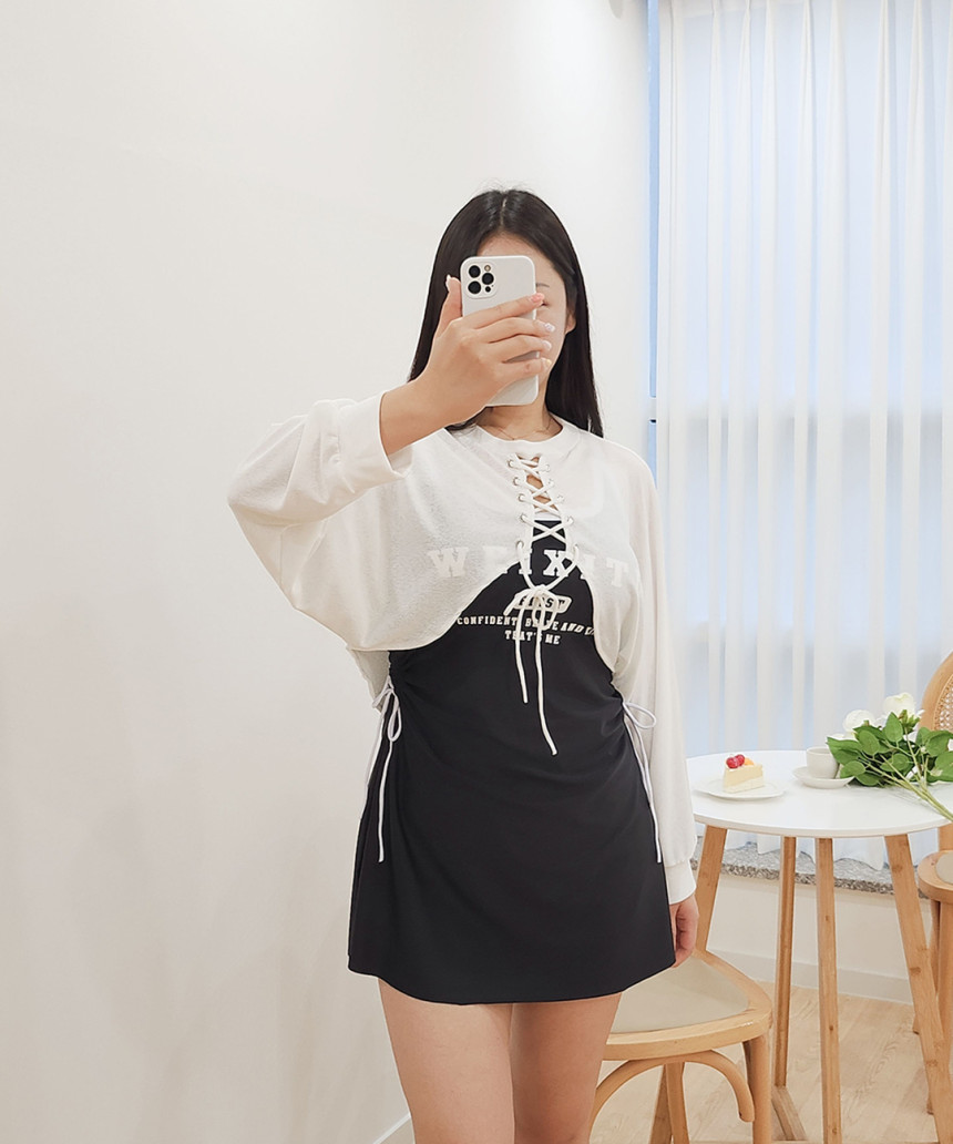 [XL-5XL/빅사이즈] 볼레로 3피스 세트 원피스 수영복 체형커버 긴팔 시스루 아일렛 래쉬가드 + 커버업 + 반바지 상세 이미지 5