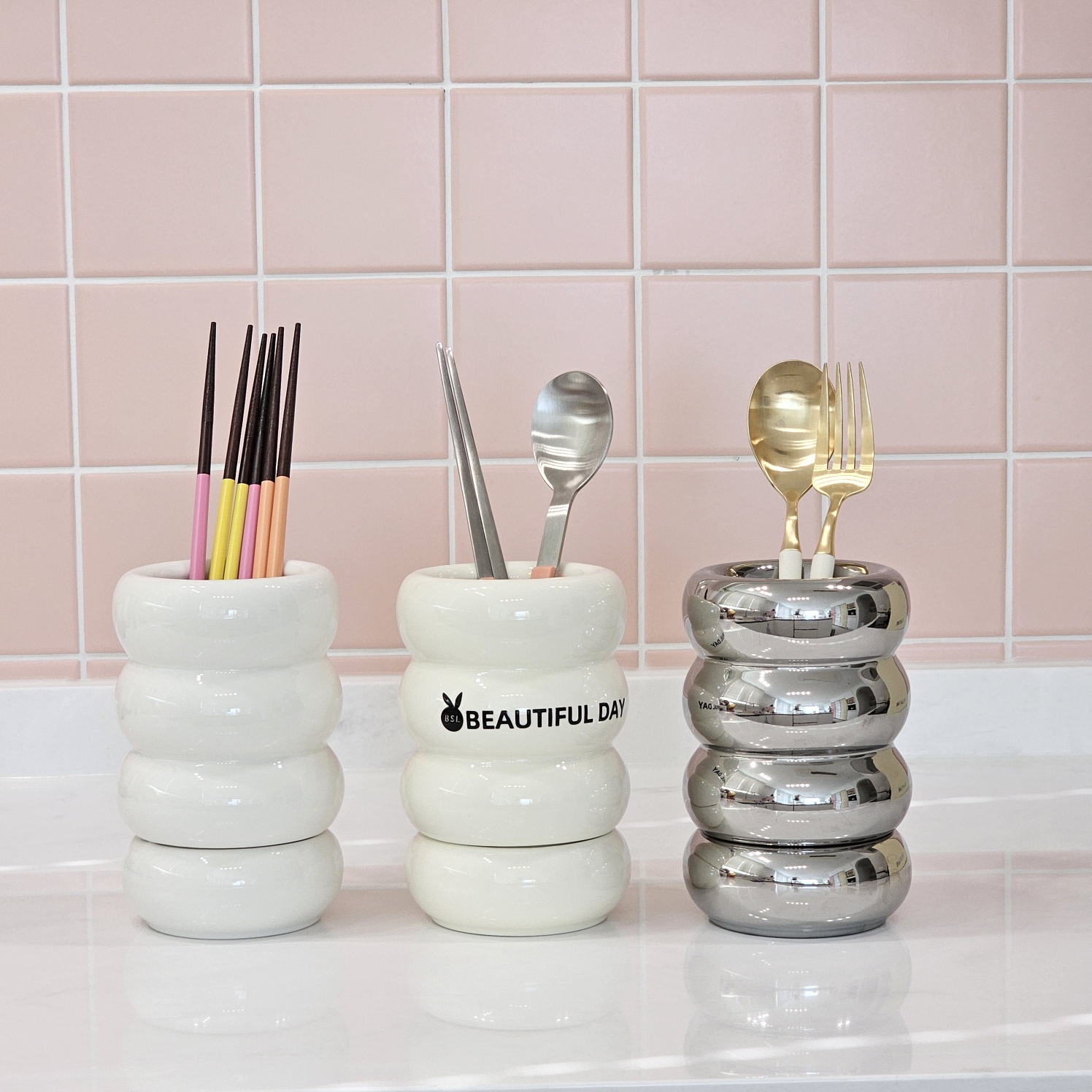 로즈소녀하우스 벌룬 수저정리함 도자기 물빠짐 수저통 조리도구통