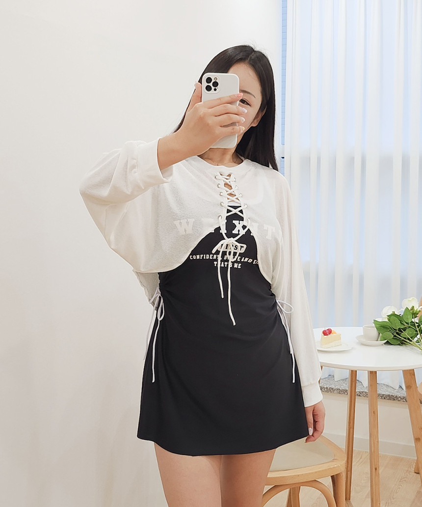 [XL-5XL/빅사이즈] 볼레로 3피스 세트 원피스 수영복 체형커버 긴팔 시스루 아일렛 래쉬가드 + 커버업 + 반바지 상세 이미지 6
