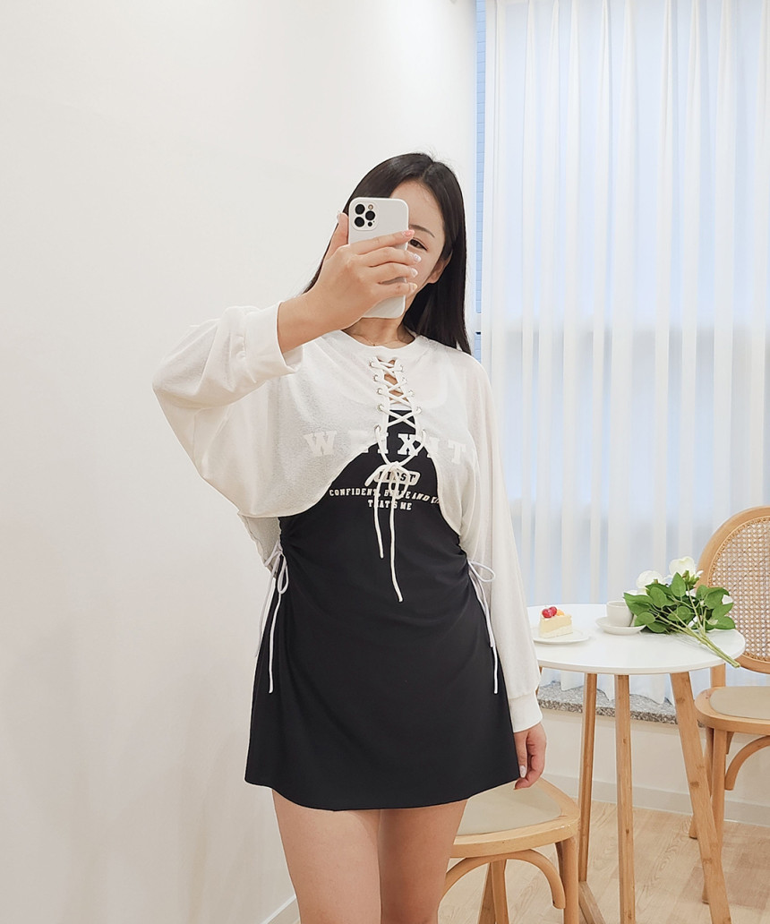 [XL-5XL/빅사이즈] 볼레로 3피스 세트 원피스 수영복 체형커버 긴팔 시스루 아일렛 래쉬가드 + 커버업 + 반바지 상세 이미지 15