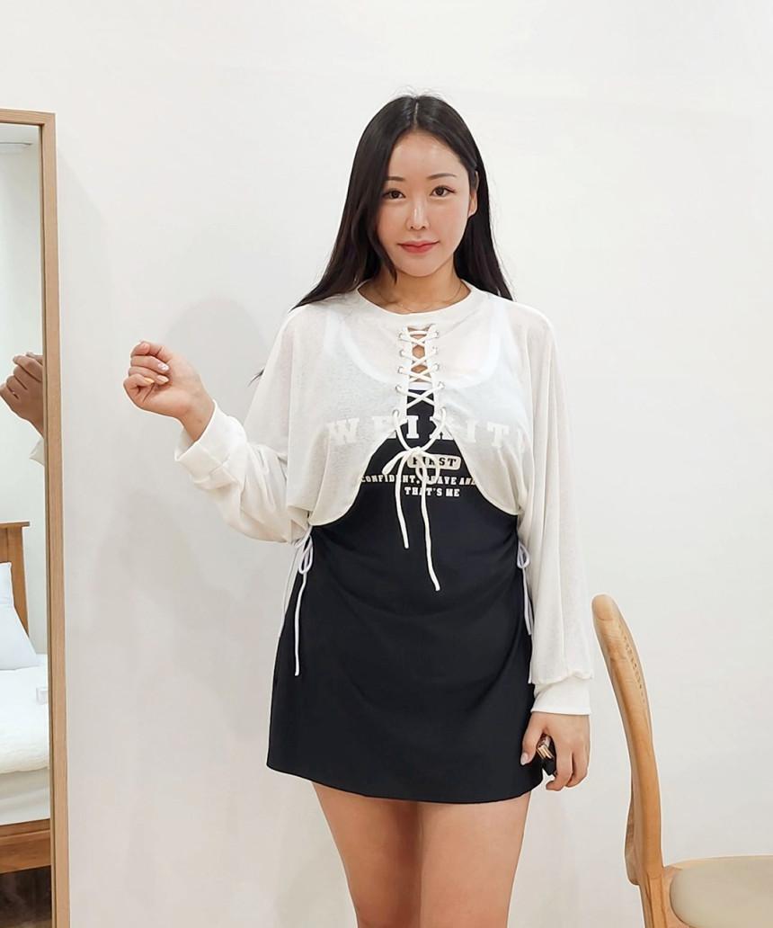 [XL-5XL/빅사이즈] 볼레로 3피스 세트 원피스 수영복 체형커버 긴팔 시스루 아일렛 래쉬가드 + 커버업 + 반바지 상세 이미지 14