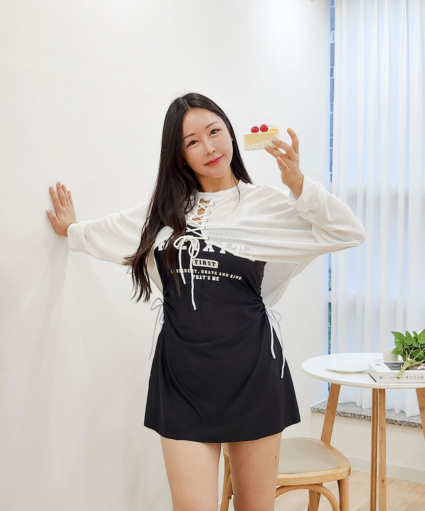 [XL-5XL/빅사이즈] 볼레로 3피스 세트 원피스 수영복 체형커버 긴팔 시스루 아일렛 래쉬가드 + 커버업 + 반바지 상세 이미지 8