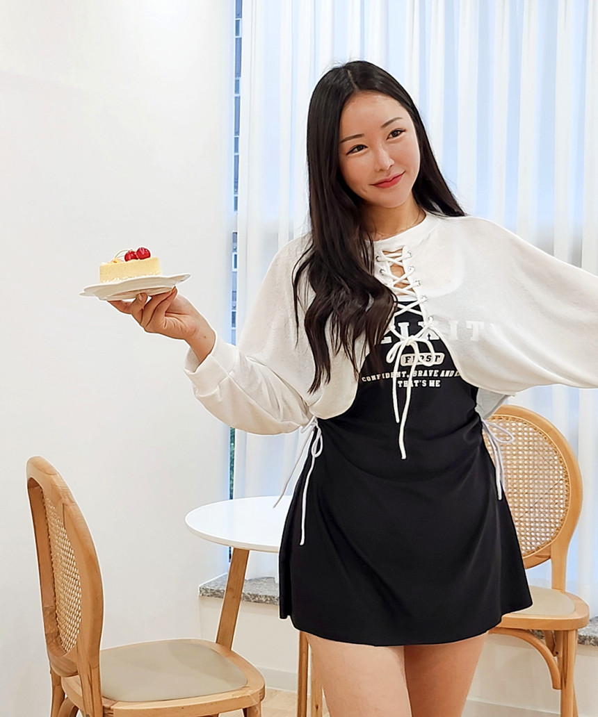 [XL-5XL/빅사이즈] 볼레로 3피스 세트 원피스 수영복 체형커버 긴팔 시스루 아일렛 래쉬가드 + 커버업 + 반바지 상세 이미지 7