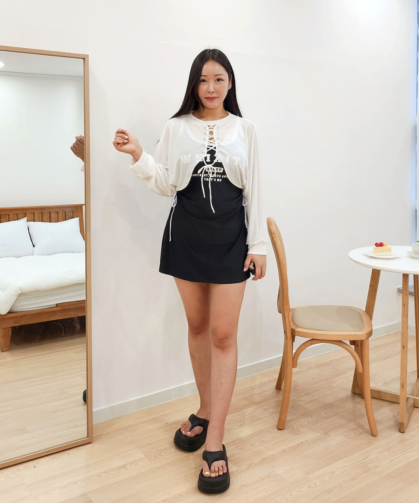 [XL-5XL/빅사이즈] 볼레로 3피스 세트 원피스 수영복 체형커버 긴팔 시스루 아일렛 래쉬가드 + 커버업 + 반바지 상세 이미지 21