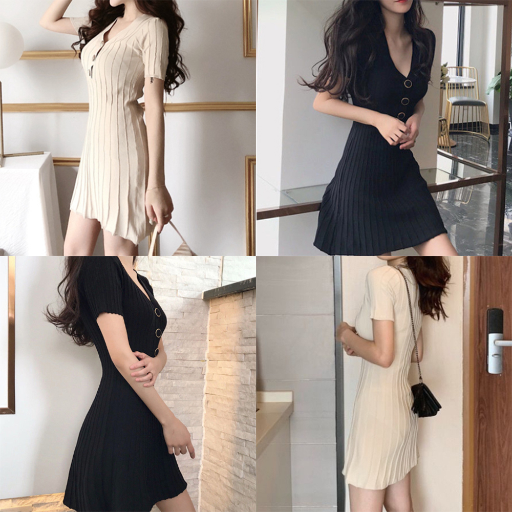여자 원피스 여성 블랙 숏 미니 짧은 A라인 브이넥 스판 반팔 봄 가을 예쁜 20대 하객 이미지 1