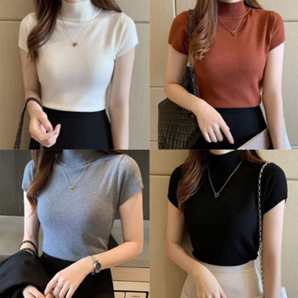 여자 목티 여성 티셔츠 목폴라티 무지 반팔 여름 봄 가을 기본 반목폴라 얇은 이너 검정 이미지