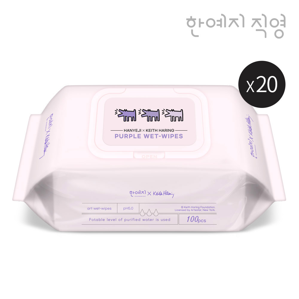 한예지 키스해링 퍼플 물티슈 캡형 100매, 20개