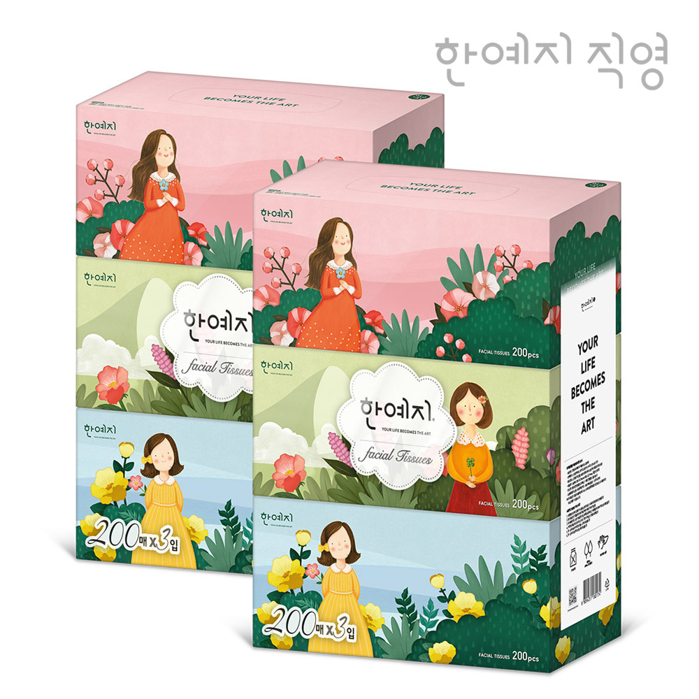 한예지 캐릭터 천연펄프 곽티슈 각티슈 미용티슈 200매 3입 2팩