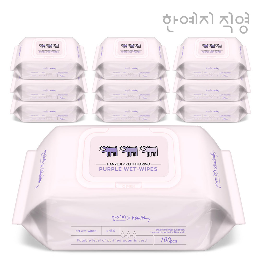 한예지 키스해링 퍼플 물티슈 캡형 100매, 10개