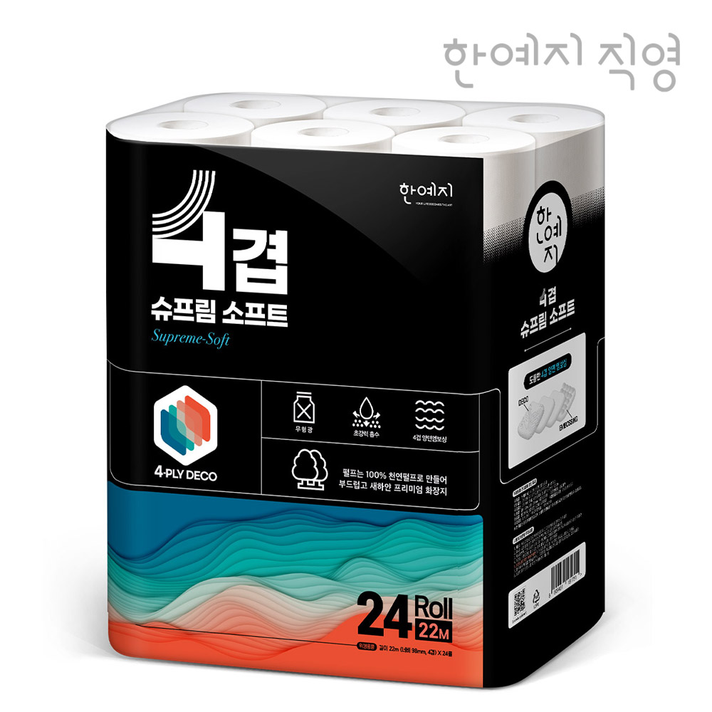 한예지 프리미엄 4겹 슈프림소프트 천연펄프 화장지 22m, 24롤, 1팩