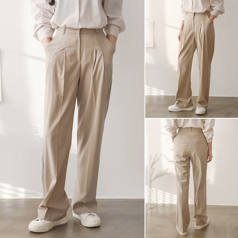 하이웨스트 투턱 와이드슬랙스 세미 여성와이드팬츠 핀턱 바지 찰랑 여자슬랙스 통바지 베이지
