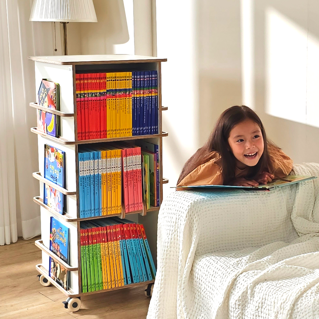 회전책장  아기 유아 키즈 어린이 큐브회전책장 3단 화이트 이동바퀴형