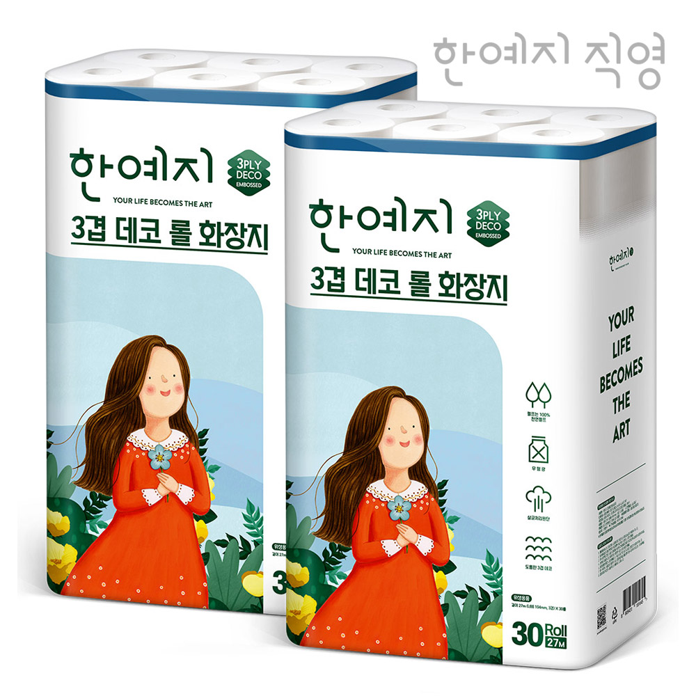 한예지 천연펄프 3겹데코 화장지 27m, 30롤, 2팩