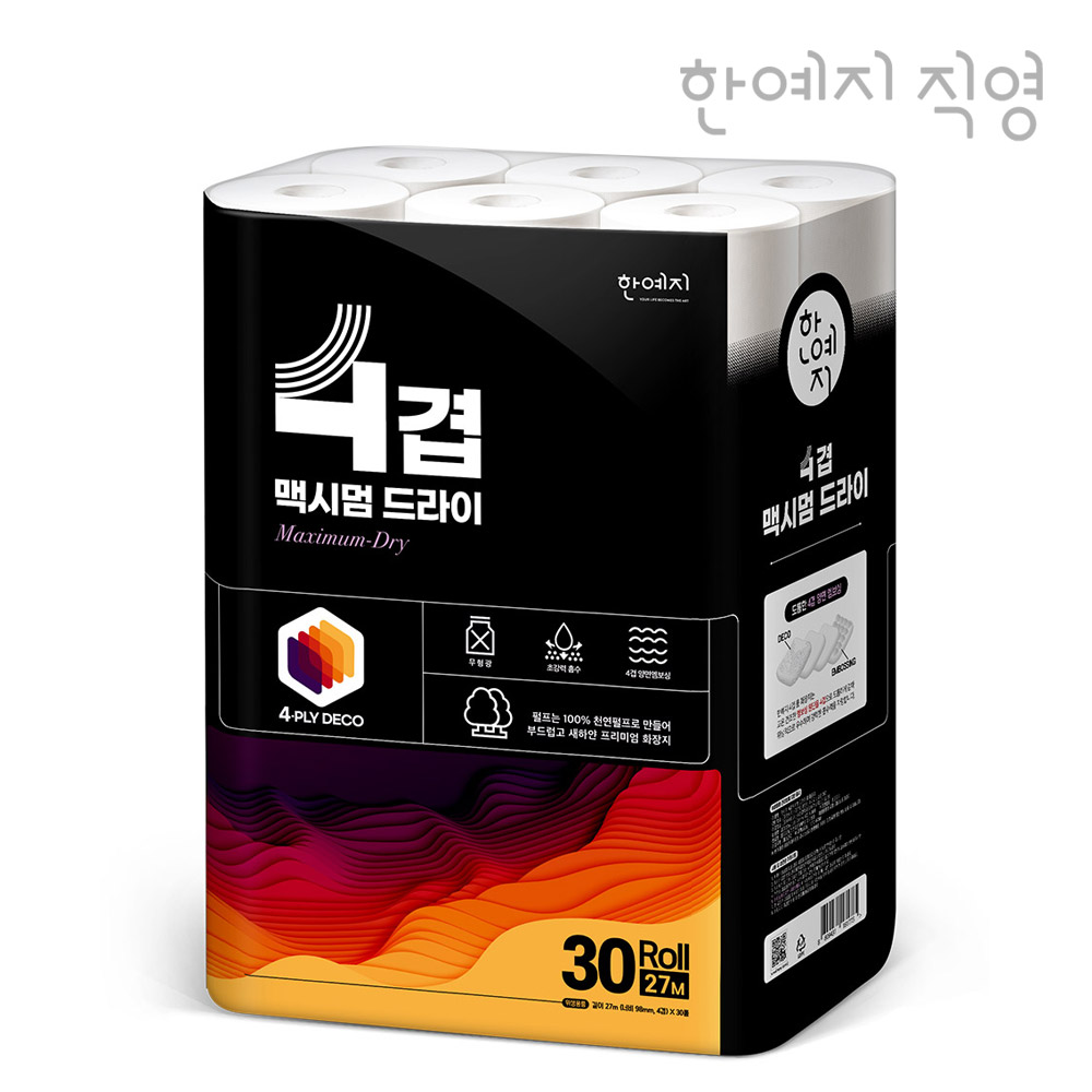 한예지 프리미엄 4겹 맥시멈드라이 천연펄프 화장지 27m, 30롤, 1팩