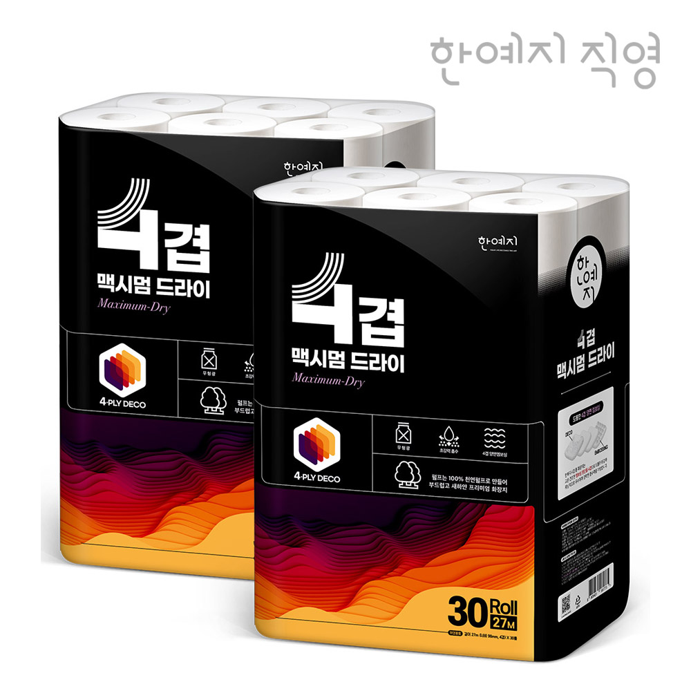 한예지 프리미엄 4겹 맥시멈드라이 천연펄프 화장지 27m, 30롤, 2팩