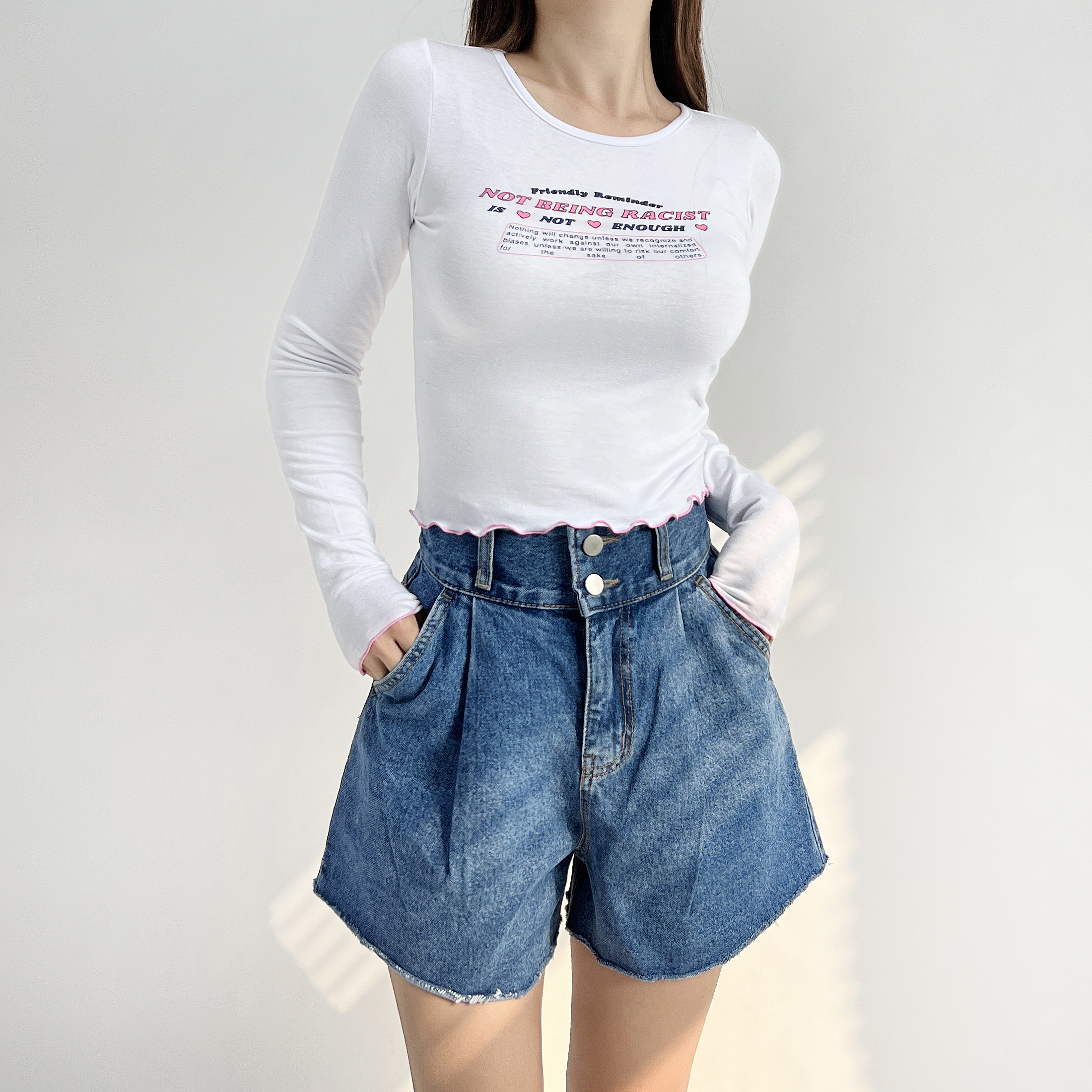 비긴 프릴 스판 긴팔 키치 크롭티셔츠 3color - 상세 이미지 5