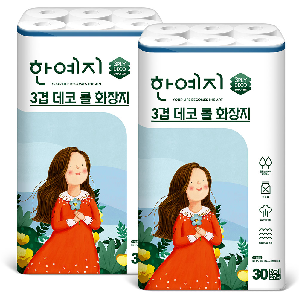 한예지 천연펄프 3겹데코 화장지 27m, 30롤, 2팩 - 상세 이미지 2