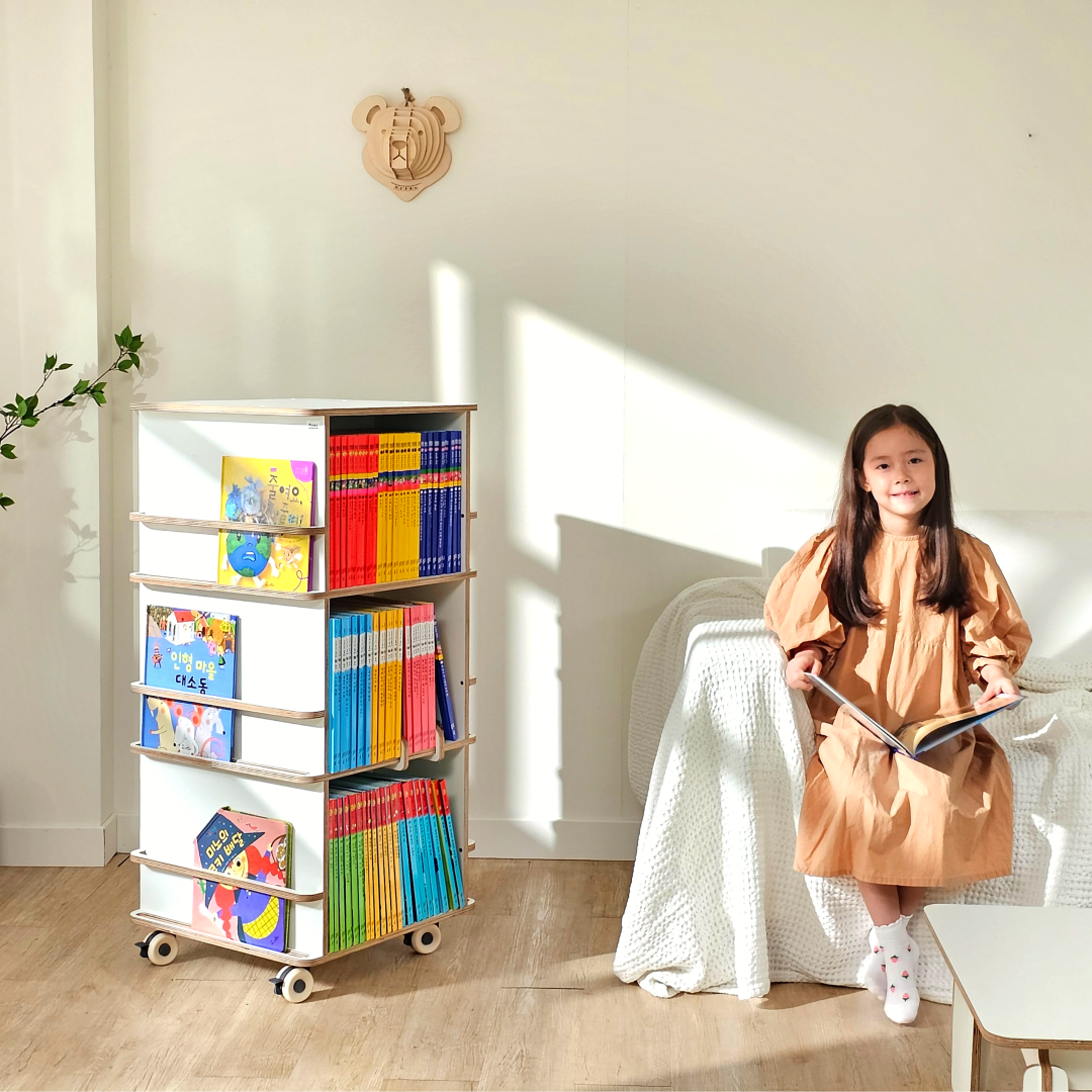 회전책장  아기 유아 키즈 어린이 큐브회전책장 3단 화이트 이동바퀴형