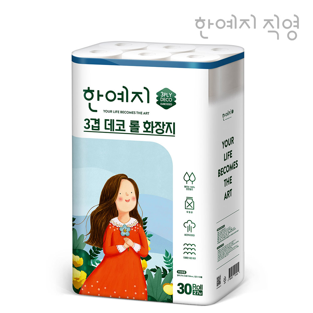 한예지 천연펄프 3겹데코 화장지 27m, 30롤, 1팩