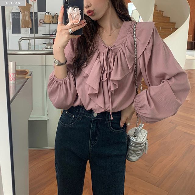 페루 브이넥 프릴 매듭 크롭 블라우스 6col 가을 봄 밴딩 패드 벌룬 코튼 제이플로우 이미지 1