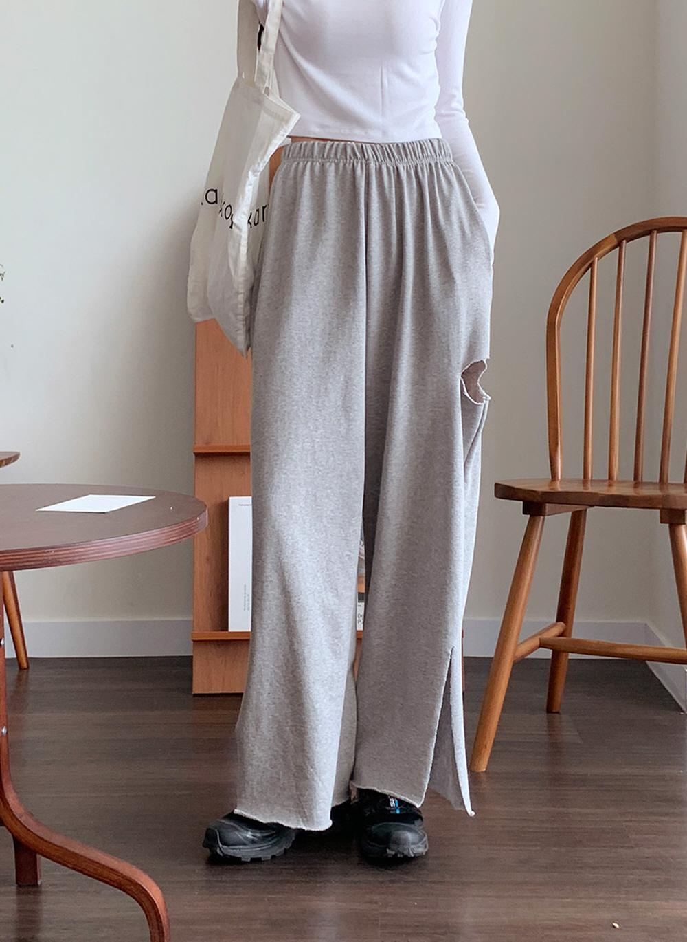 여성 와이드팬츠 통바지 봄 가을 밴딩 구제 찢어진 트레이닝 츄리닝 팬츠 이미지 2