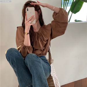 페루 브이넥 프릴 매듭 크롭 블라우스 6col 가을 봄 밴딩 패드 벌룬 ... 착용 후기 | 사이즈/핏 총정리 - 상품 이미지 3