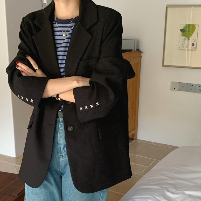 모스 여자 루즈핏 베이직 투버튼 하프 테일러드 블레이저 카라 싱글 무지 자켓 - 상세 이미지 2