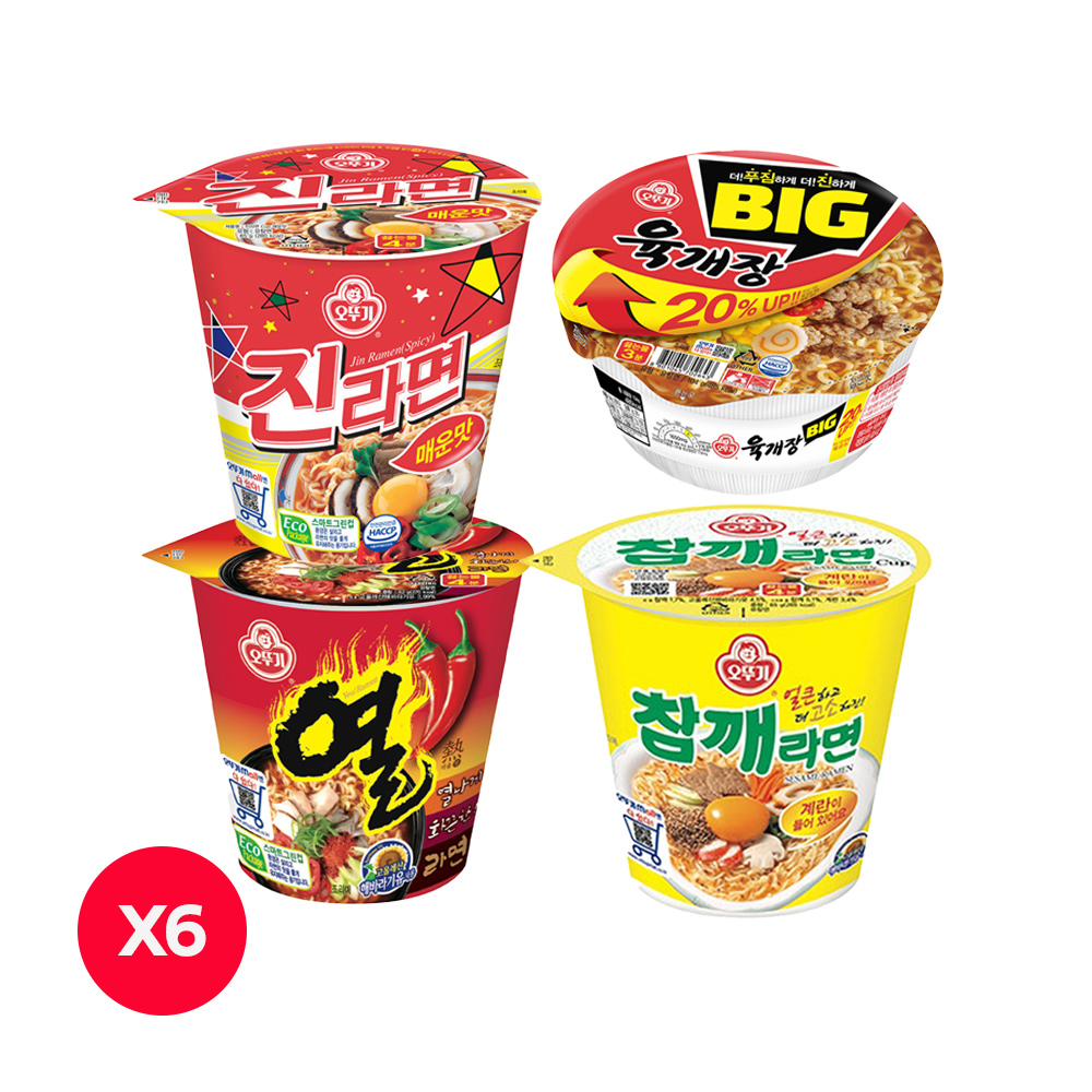 오뚜기 실쏙세트 진라면 매운맛 컵 65g 6개+열라면 컵 62g 6개+참깨라면 컵 65g 6개+육개장 컵 104g 6개