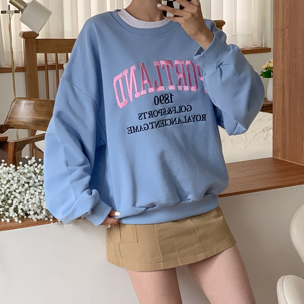 레터링 맨투맨 여성 라운드 여자 오버핏 자수 맨투맨 프린팅 티셔츠 면 루즈핏 이미지 4