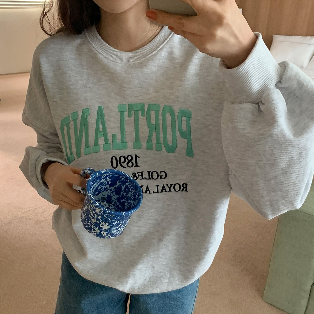 레터링 맨투맨 여성 라운드 여자 오버핏 자수 맨투맨 프린팅 티셔츠 면 루즈핏 이미지 3