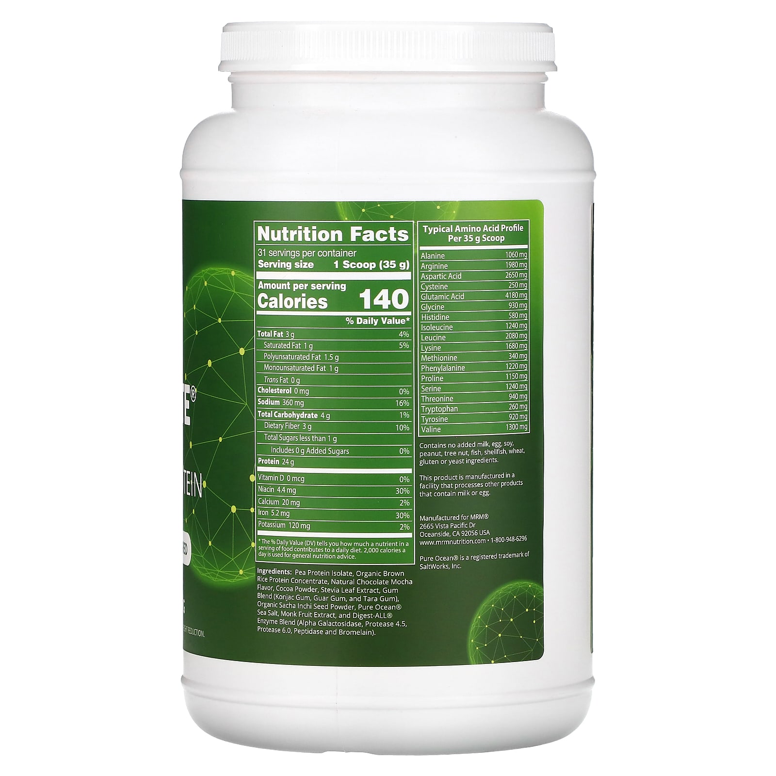 MRM Nutrition Veggie 엘리트 퍼포먼스 프로틴 초콜릿 모카 1110g(2.45lb) 이미지 2