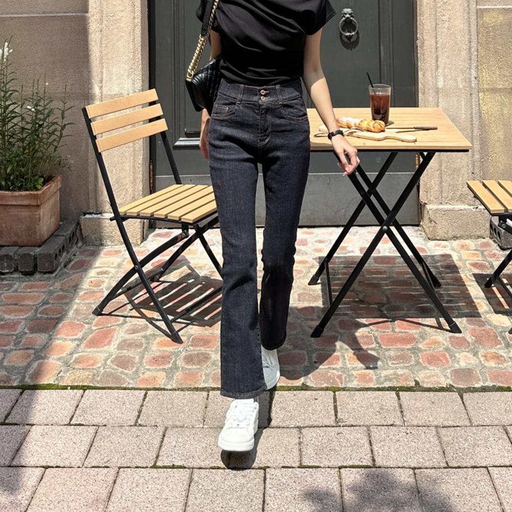 생지데님 부츠컷청바지 투버튼 여자 가을 하이웨스트 데님 팬츠 - 상품 이미지