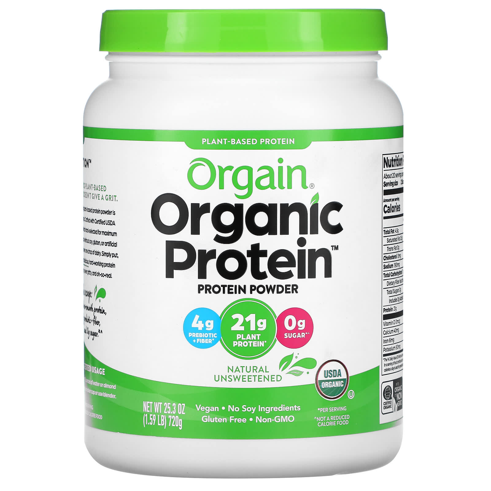 Orgain 프로틴 분말 식물성 무가당 720g(1.59lb) - 상품 이미지