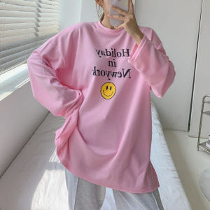 스마일 캐릭터 레터링 빅사이즈 박스 여성 봄 가을 긴팔 롱 티셔츠 착용 후기 | 사이즈/핏 총정리 - 상품 이미지 2