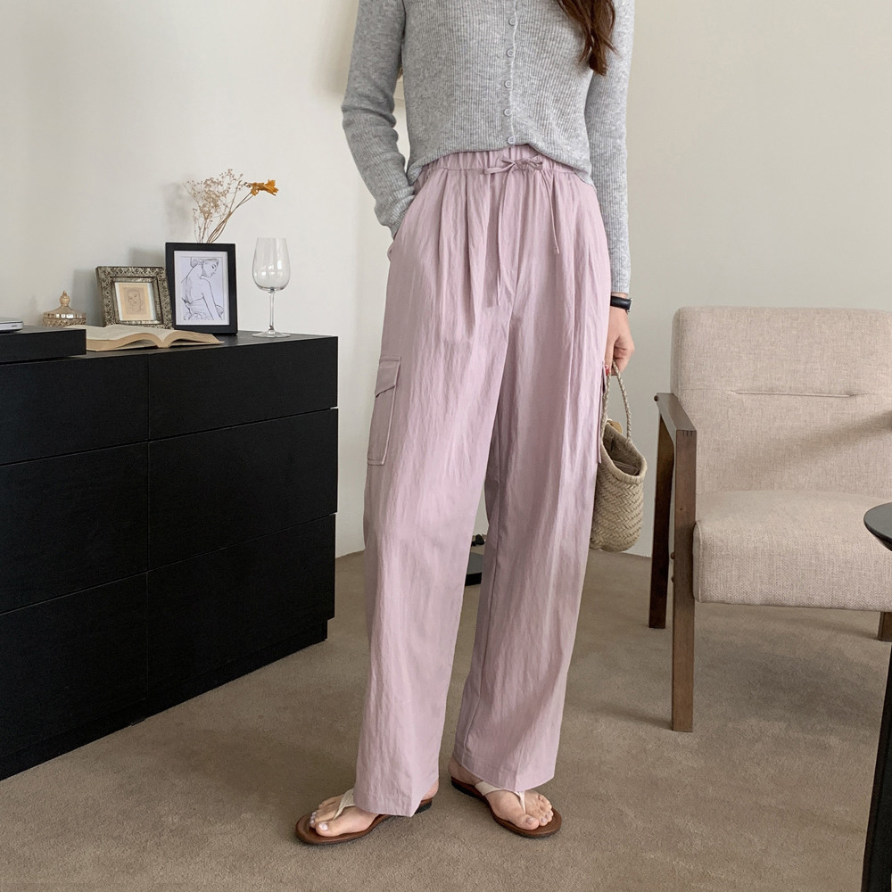 세미 핀턱 밴딩 와이드팬츠 여성 슬랙스 나일론 바스락팬츠 와이드 카고바지 여자 통바지 핑크 - 상품 이미지