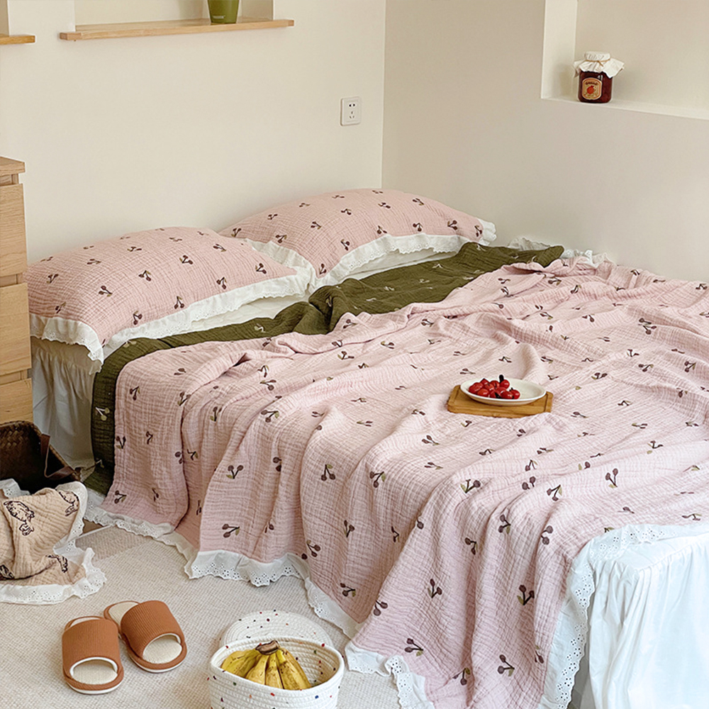 여름 홑 이불 순면 거즈 이불 베개 세트 퀸 체리