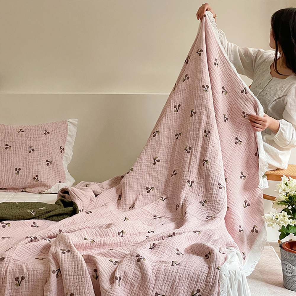 여름 홑 이불 순면 거즈 이불 베개 세트 퀸 체리