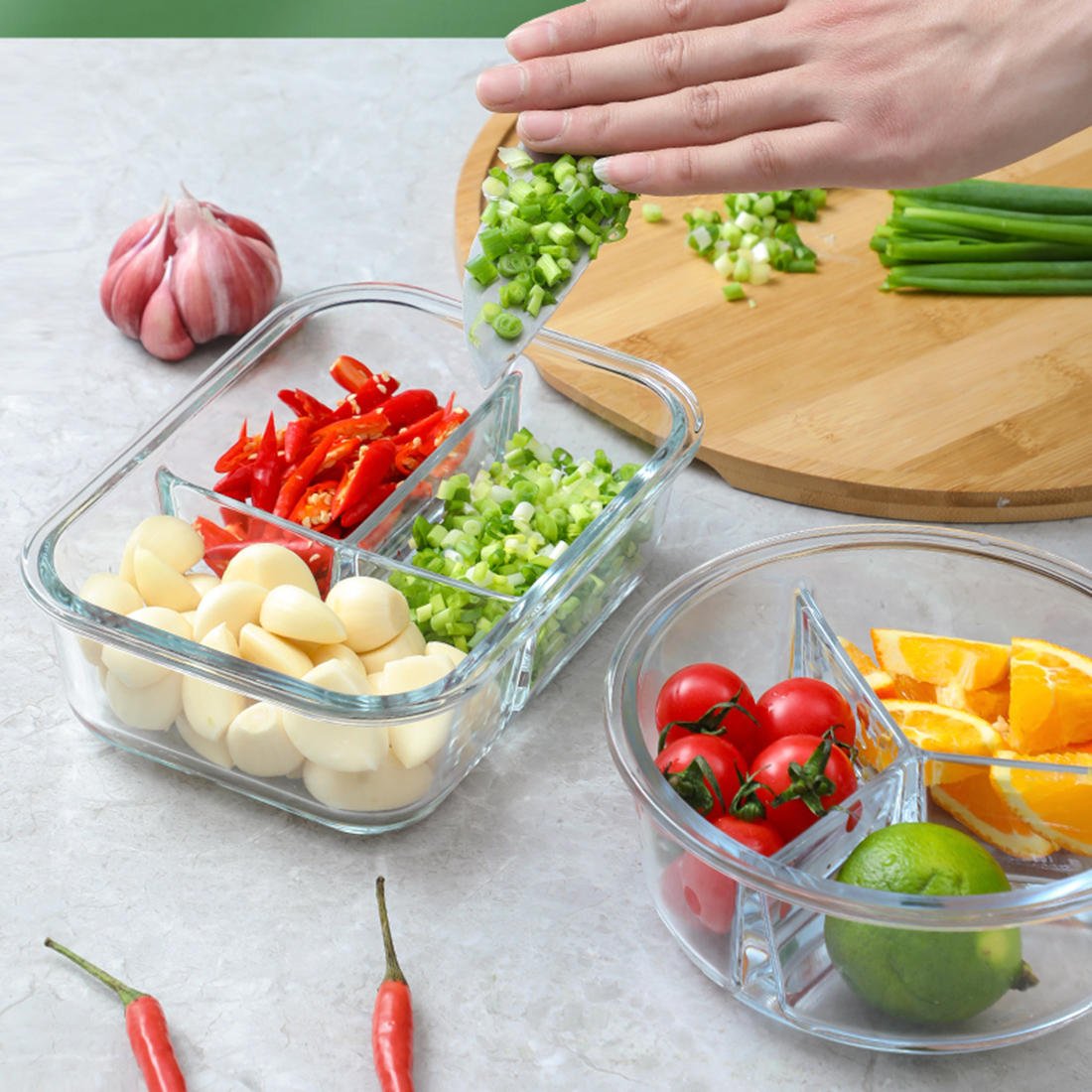 킨포크 밀폐 내열유리 3구 나눔 반찬통 이유식 큐브 유리 용기 칸막이 찬통 2종