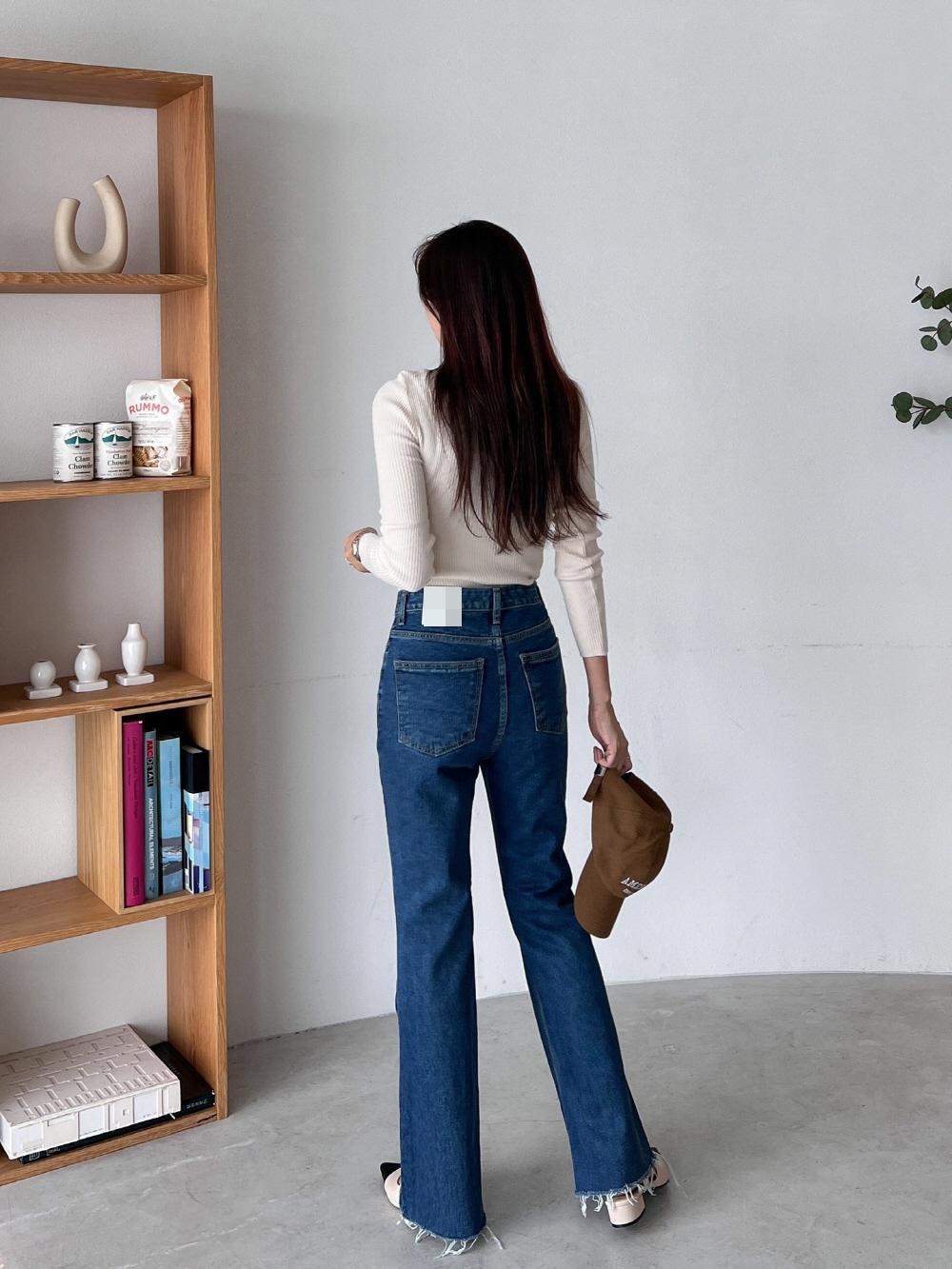 여자 봄 가을 롱 부츠컷 컷팅 하이웨스트 진청 그레이 데님 청바지 팬츠 이미지 8
