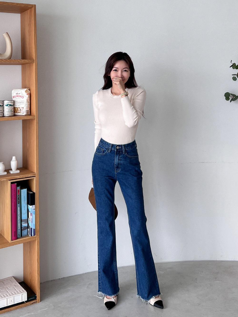 여자 봄 가을 롱 부츠컷 컷팅 하이웨스트 진청 그레이 데님 청바지 팬츠 이미지 6