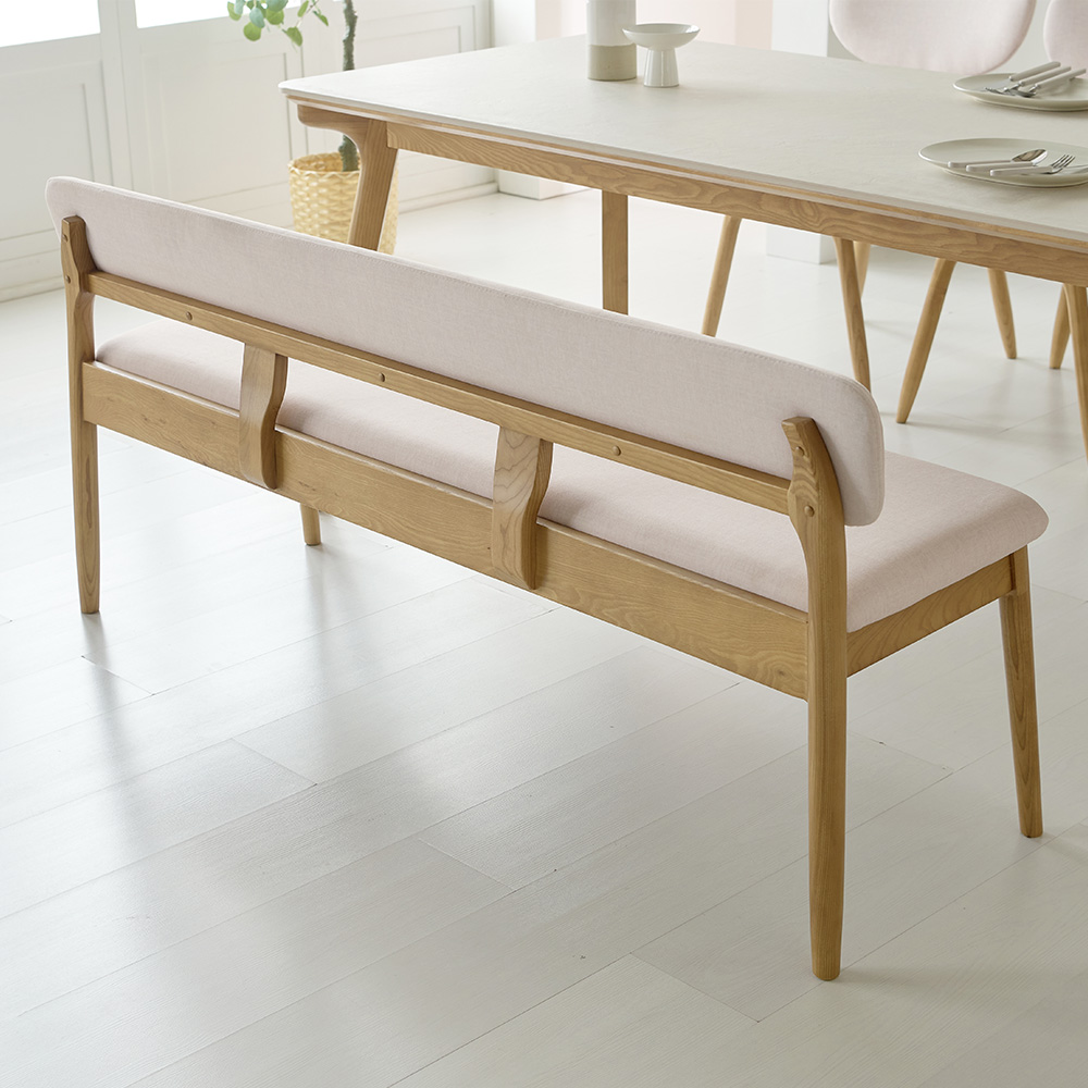 스코나 베르즈 물푸레 애쉬 원목 아쿠아 패브릭 3인 등받이 벤치 의자 1500