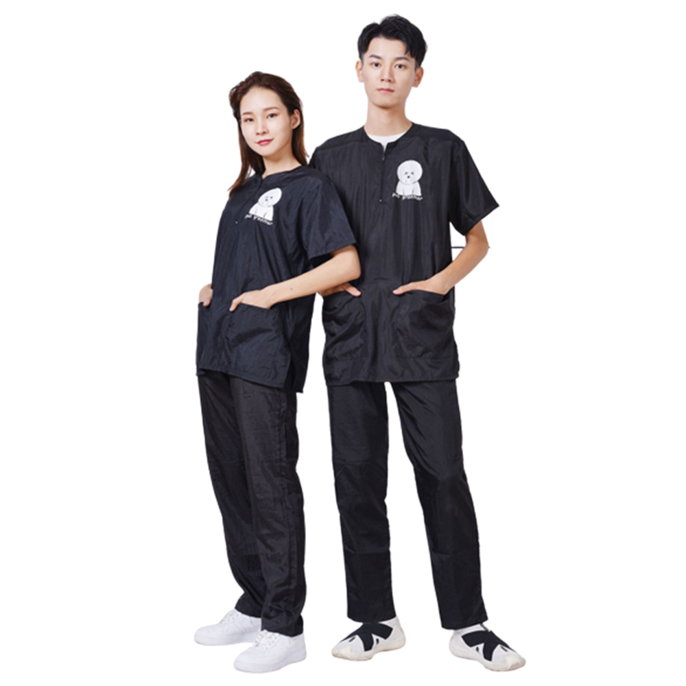 애견 미용사 유니폼 미용 복 옷 가운 반팔 반바지 7부 긴 바지 세트 상하의 상하 방수 이미지