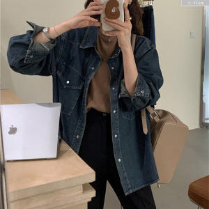 레토 데님 오버핏 카라넥 하프 자켓 셔츠 3col 가을 봄 루즈핏 코튼 ... 착용 후기 | 사이즈/핏 총정리 - 상품 이미지 4