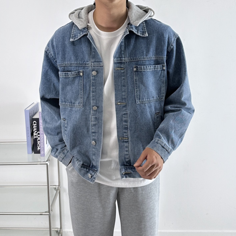 남자 먼드 봄 가을 오버핏 스톤워싱 후드 탈부착 데님 자켓 제품 이미지