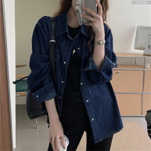 레토 데님 오버핏 카라넥 하프 자켓 셔츠 3col 가을 봄 루즈핏 코튼 ... 착용 후기 | 사이즈/핏 총정리 - 상품 이미지 2