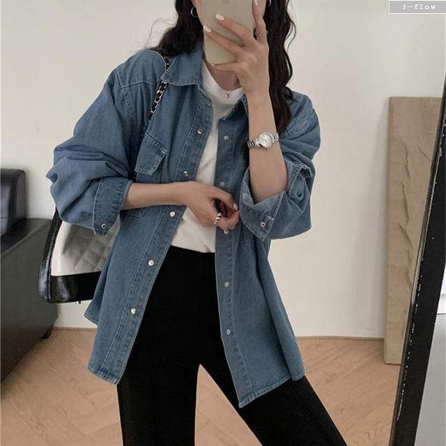 레토 데님 오버핏 카라넥 하프 자켓 셔츠 3col 가을 봄 루즈핏 코튼 포켓 제이플로우 이미지 1