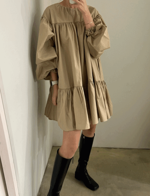 버닛 벌룬 셔링 퍼프 긴팔 원피스 봄가을 원피스 - 상품 이미지