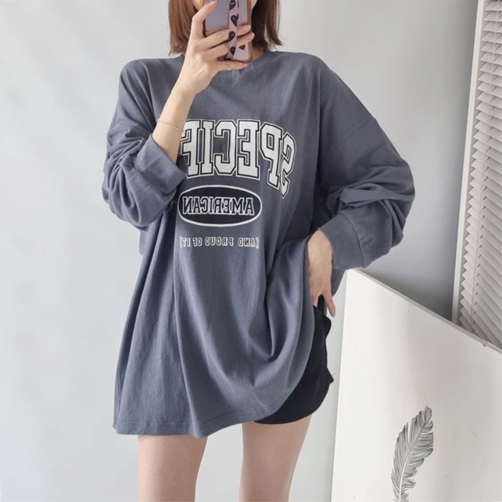 빅사이즈티 롱티 오버핏 기본 면 레터링 여성 긴팔 티셔츠 이미지 3