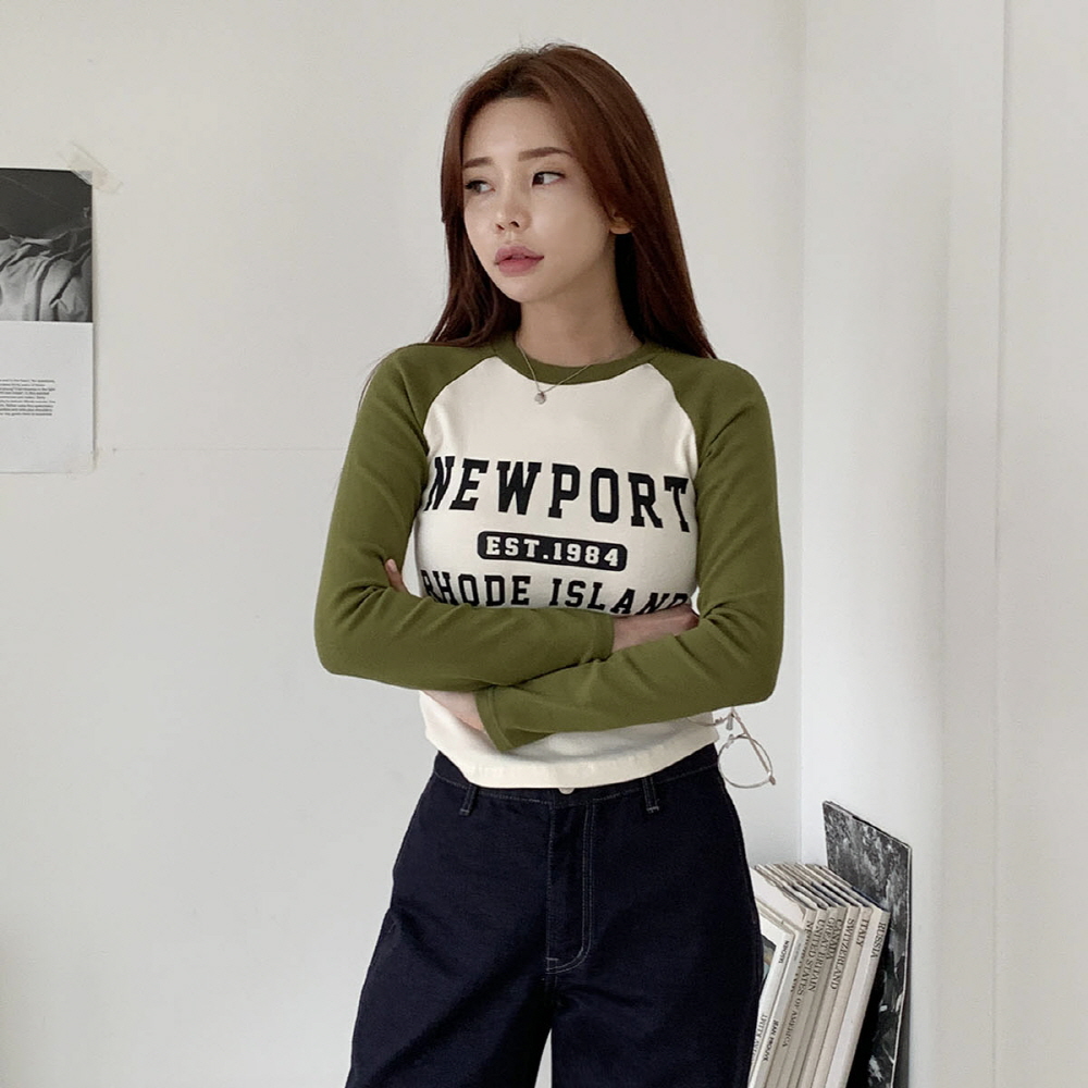 여성 크롭티 봄 가을 나그랑 레터링 배색 긴팔 티셔츠 이미지 2